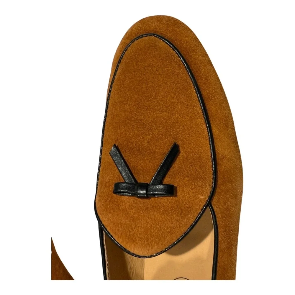 Journey West Men's 9.5M Suede Belgian Loafers Brown‎ Slip-On Bow Dress Shoes ECU